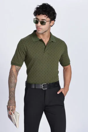 REGULAR FIT OLIVE PRINTED POLO