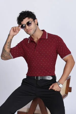 REGULAR FIT MAROON PRINTED POLO
